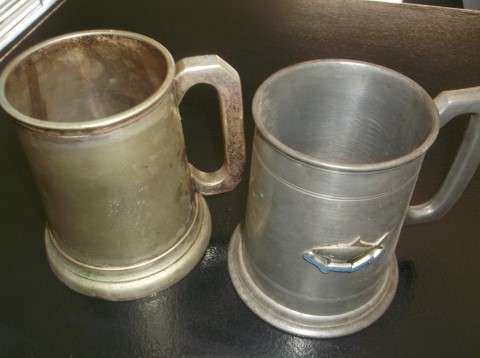 BEER MUGS : VINTAGE SILVER PLATED ENGRAVED "DOUG" AND SERANCO PEWTER GRAHAMSTOWN DISTRICT ANGLING